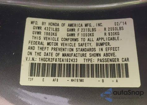 2014 Honda Accord Ex-L from USA, damaged, VIN 1HGCR2F87EA162433